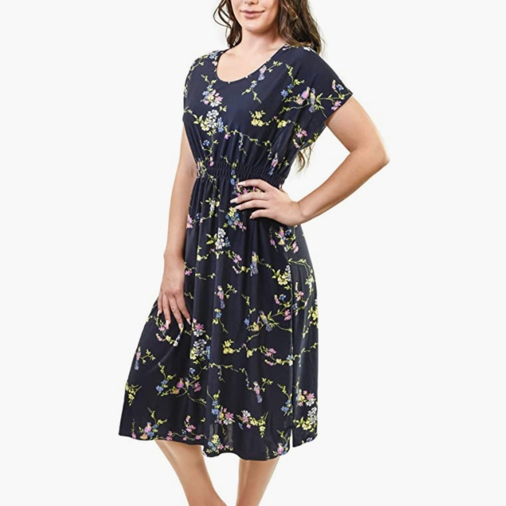 Young US Ladies Floral Print Open Back Midi Dress in Navy